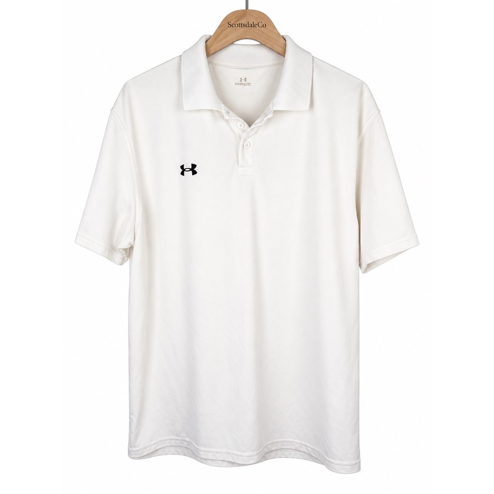 Under Armour HeatGear Polo Shirt Mens L White Loose Fit Golf Performance Logo